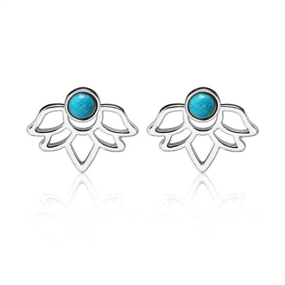 Silver Lotus Flower Turquoise Stud Earrings - Picture 1 of 3